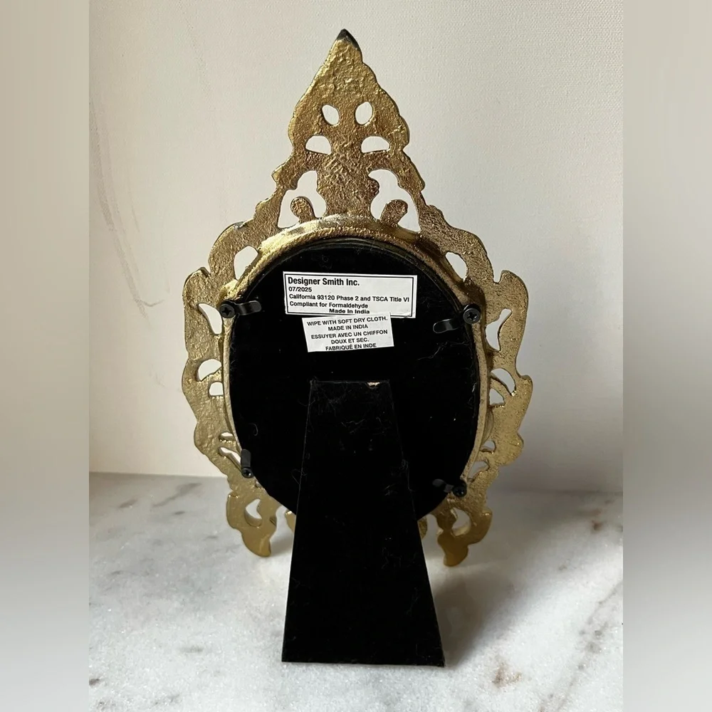 Ornate Vanity Mirror Oval metal Frame Scrollwork Tabletop Stand..